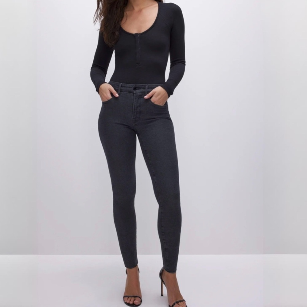 {Good American} "Good Legs Skinny Raw Hem" Black Stretch Denim Jeans - Picture 1 of 6